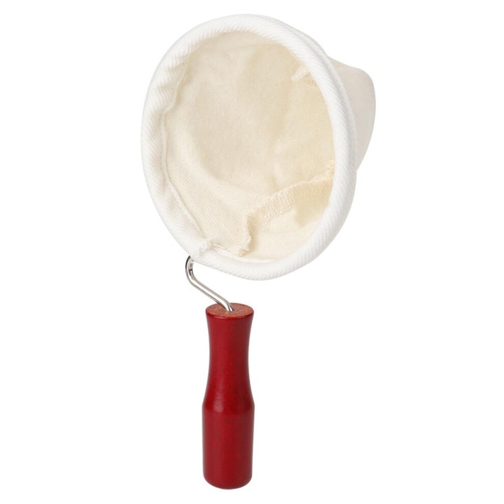 Flanel kávészűrő, újrafelhasználható, fa fogantyúval és sascsőr típusú csepegésgátló kialakítással, krém/piros, 105 mm, 1 db