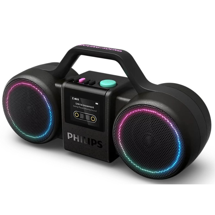 Boxa portabila retro Philips TAMS60B/00, 60W, Bass+, Bluetooth 6.0, TWS, Auracast, USB, LED RGB light, IP67, Autonomie 24h, Negru