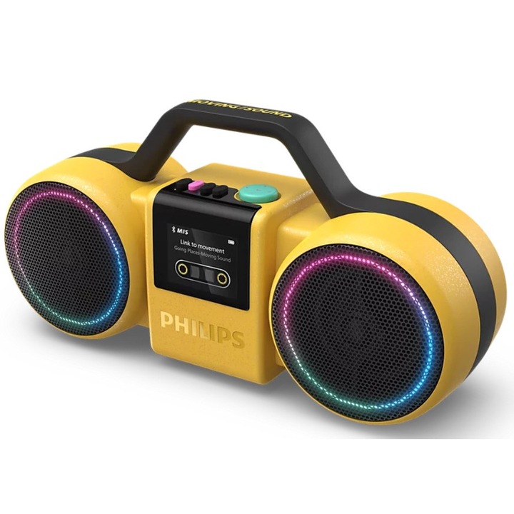 Boxa portabila retro Philips TAMS60B/00, 60W, Bass+, Bluetooth 6.0, TWS, Auracast, USB, LED RGB light, IP67, Autonomie 24h, Galben