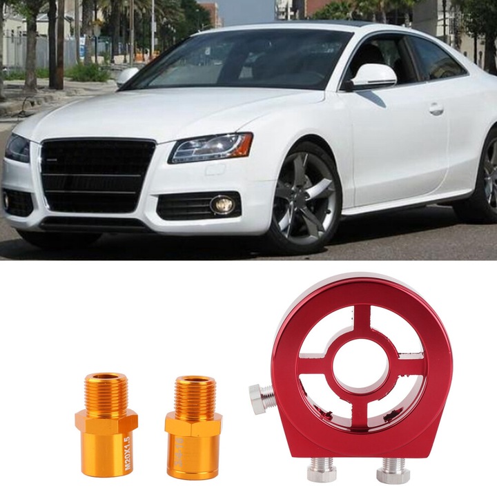 Olajszűrő hűtőlemez adapter, olajszűrő szerelőkészlet, eloxált alumíniumból, univerzális 3/4inch x16UNF/M20x1.5, Piros, 1 lemez + 2 csavar szett