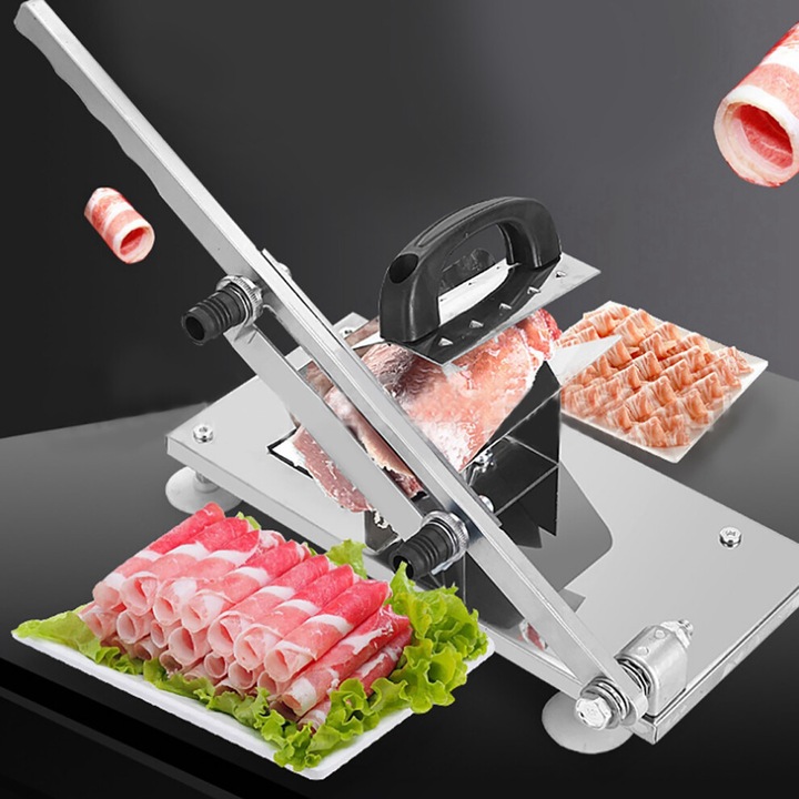 Feliator manual pentru carne, feliator pentru carne congelata din inox si aliaj, reglaj buton 3-15mm, latime felii 12/18mm, 17x30x42.5cm, argintiu, 1 buc