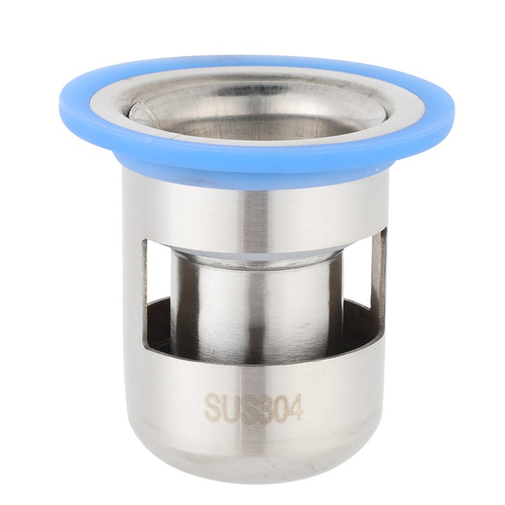 Sifon pardoseala Large Short SUS304, din otel inoxidabil, inel de etansare din silicon anti-miros si anti-insecte, finisaj lustruit, albastru/argintiu, 1 buc