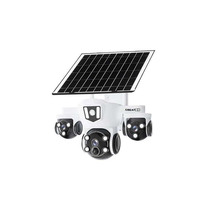 GREATON Kültéri Megfigyelő Kamera, 3 Panorámás Kamera 360°, 12MP, WiFi & 4G SIM, Napelemes Tápellátás, Éjjellátó és Infravörös, Mozgásérzékelő, MicroSD Foglalat, Alkalmazás, Fehér