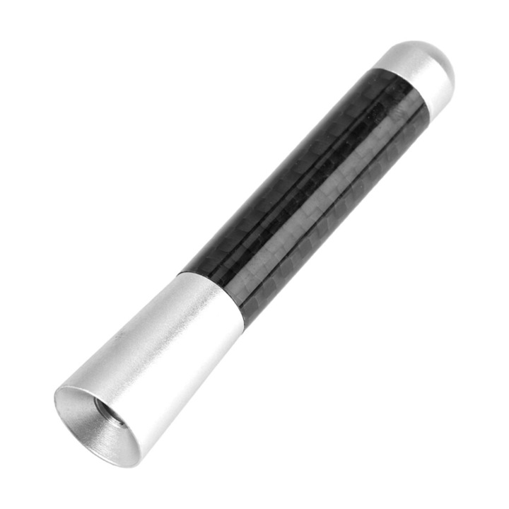 Rövid szénszálas autórádió antenna, univerzális csavaros rögzítés, 4 rögzítőcsapot (különböző méretek) és 2 gumigyűrűt tartalmaz, fekete/ezüst, 1 db