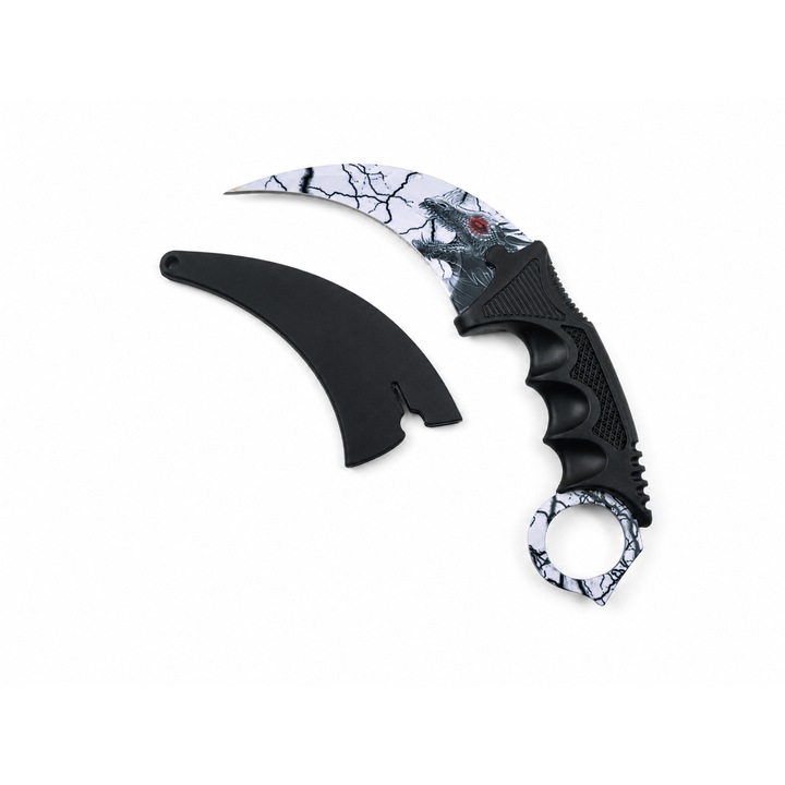 Cutit Karambit cu Tais, Model Dragon Alb-Negru, Lama Curbata, Maner Ergonomic, cu Husa Inclusa, Dalimag