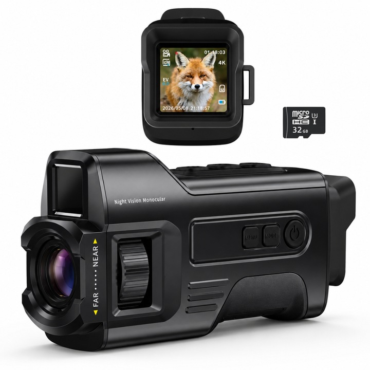 Monoclu Digital cu Vedere Nocturna 4K UHD, 36MP Foto, Inregistrare Video & Playback, Night Vision 300m, Infrarosu 7 Nivele, Zoom Digital 6X, Ecran LCD 1.54”, Utilizare Zi si Noapte, Autonomie 8h, Incarcare USB-C, Card de 32GB Inclus, Negru