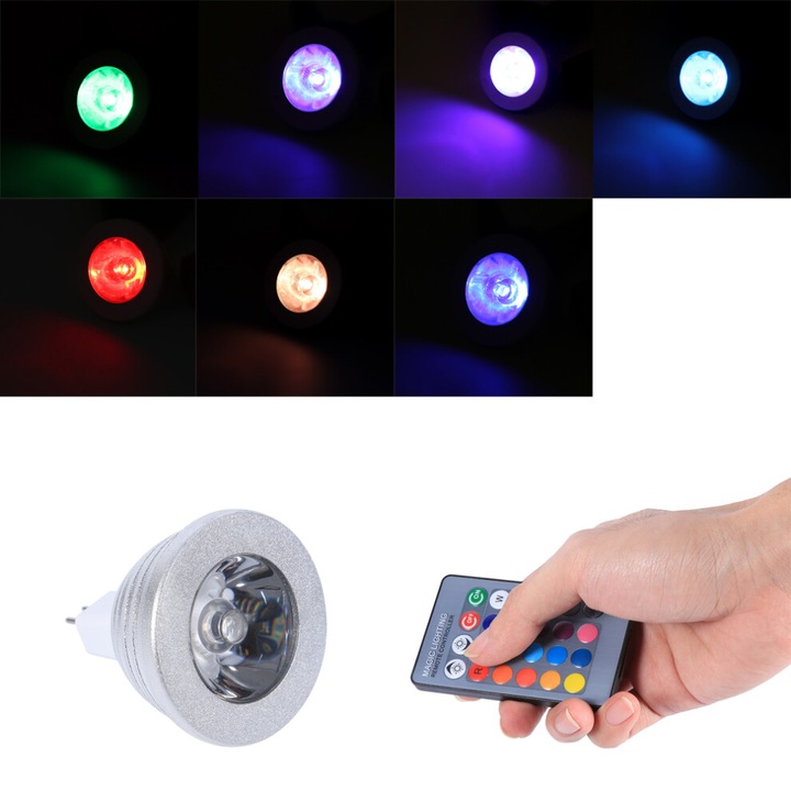 LED RGB крушка с променящ се цвят 3W MR16 12-24V с дистанционно управление
