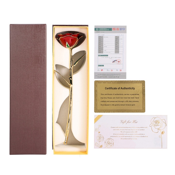 24k arannyal bevont természetes vörös rózsa 30x12cm állvánnyal, ajándék szett