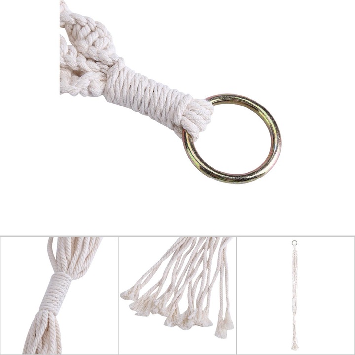 Suport agatat pentru ghivece / suport plante Macrame, din bumbac, lucrat manual, compatibil cu ghivece pana la 25 cm diametru, alb-crem, 1 buc