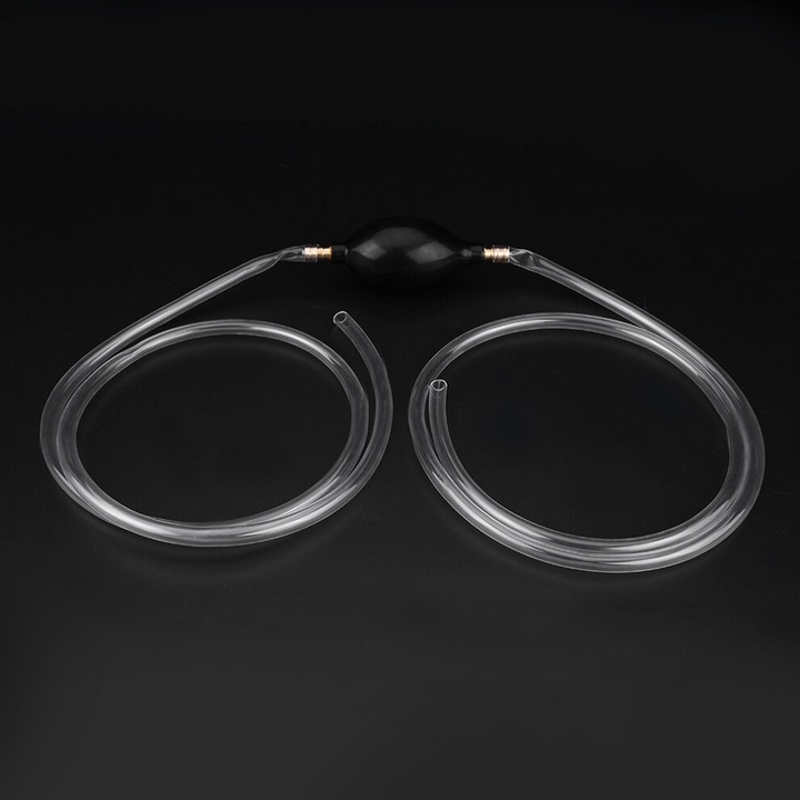 Pompa de sifon manuala pentru combustibil si lichide, furtun PVC transparent, mufe cupru, balon din cauciuc, 2,1 m total, diametru 8 mm, negru/transparent