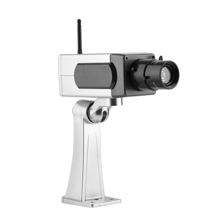 Camera falsa de supraveghere tip bullet, simulator de camera cu rotatie automata si LED intermitent, rezistenta la apa, argintiu/negru, 1 buc