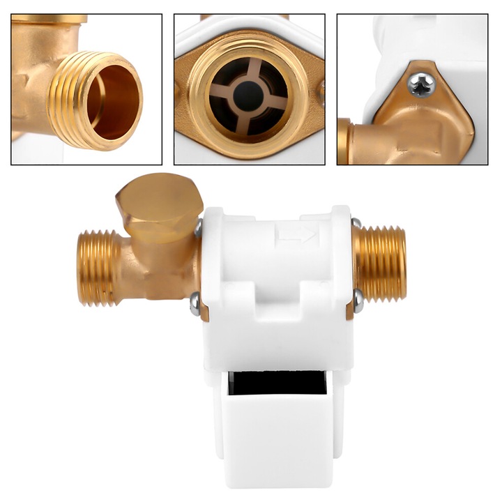 Electrovalva solenoida/supapa solenoida G1/2 DC12V, N/C normal inchis, oprire automata a apei, din plastic si alama, bronz/alb, 1 buc