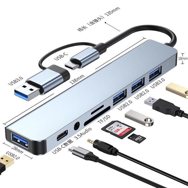 USB 3.0 dokkolóállomás 8 az 1-ben, TF SD kártyaolvasó, USB hub, fekete