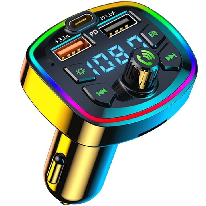 Transmitator FM auto/player MP3 Q7, cu Bluetooth hands-free, cititor carduri multifunctional, 2 porturi USB si incarcare rapida PD, afisaj LED, Multicolor