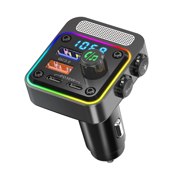 Autós MP3 lejátszó, USB, Bluetooth, 36W gyorstöltés, FM adó, fekete