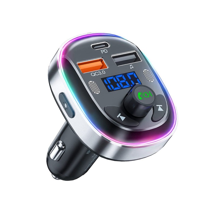 T81 autós MP3 lejátszó, FM transzmitter, Bluetooth, PDqc3.0 gyors töltés, többszínű hangulatvilágítás