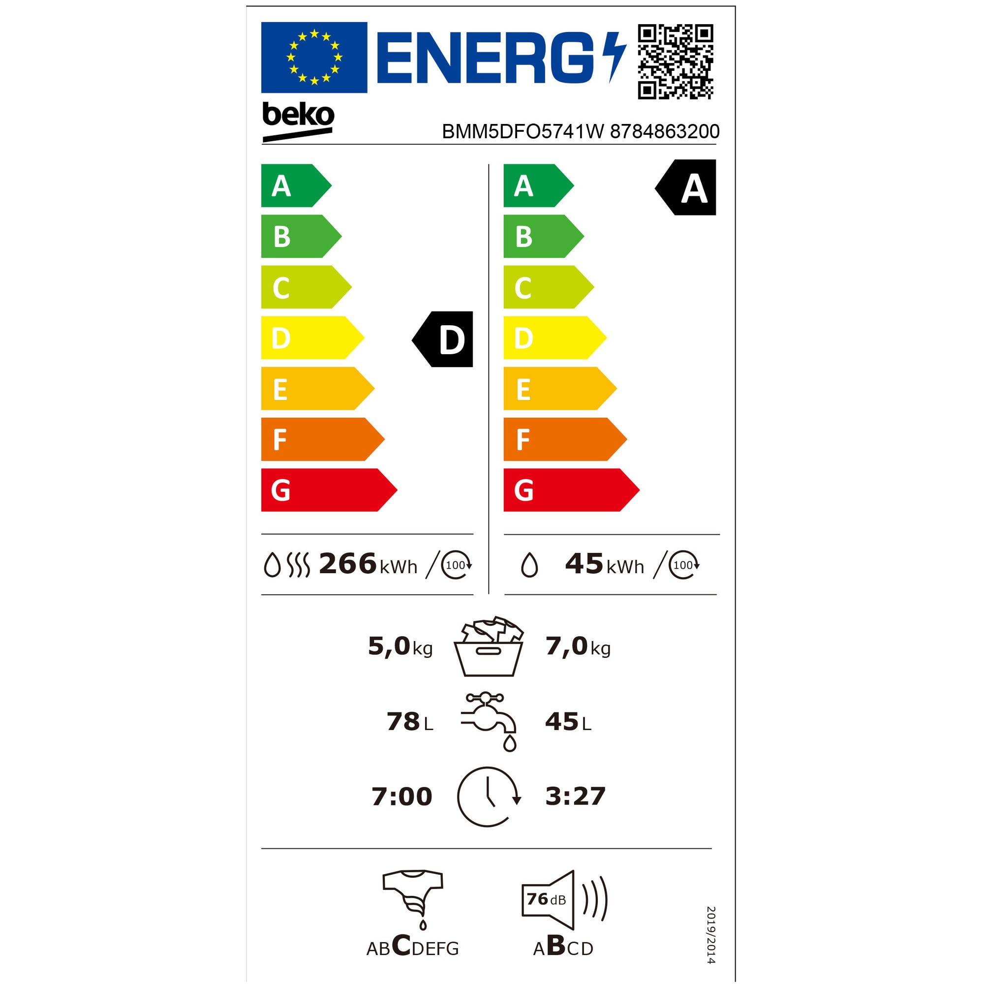 Masina de spalat rufe cu uscator Beko BMM5DFO5741W, Clasa D, SteamCure, 7/5 kg, 1400 rpm, Alb