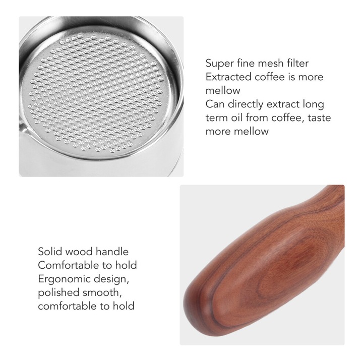 Portafiltru fara fund / bottomless 51mm, compatibil 3 urechi cu Donlim, Petrus si majoritatea espressoarelor 51mm, otel inoxidabil, maner lemn masiv, cos filtru detasabil 51mm, argintiu/maro, 1 buc