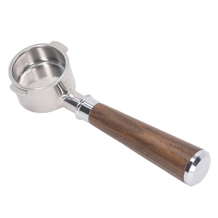 Portafiltru 2 urechi 51mm fara fund, inox, maner lemn negru, 51mm