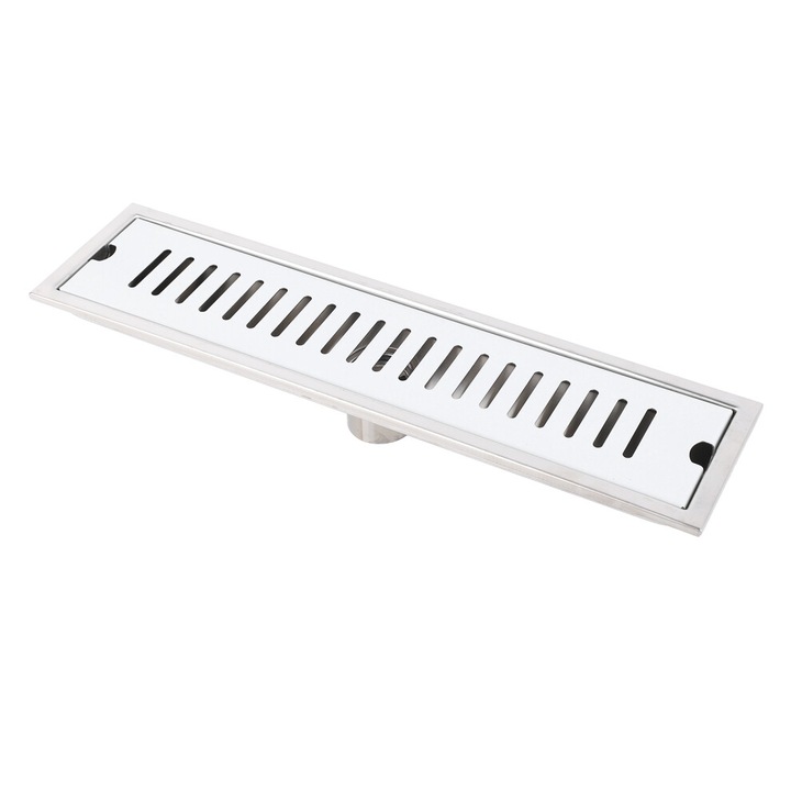 Sifon de pardoseala/scurgere 40 cm, din otel inoxidabil 304, grilaj detasabil, rezistent la coroziune si mirosuri, argintiu