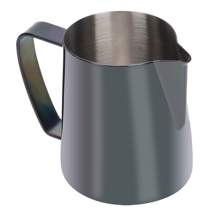 Rozsdamentes acél tejhabosító kanna, ergonomikus fogantyú, precíz öntőcsőr, fekete/irizáló, 350ml