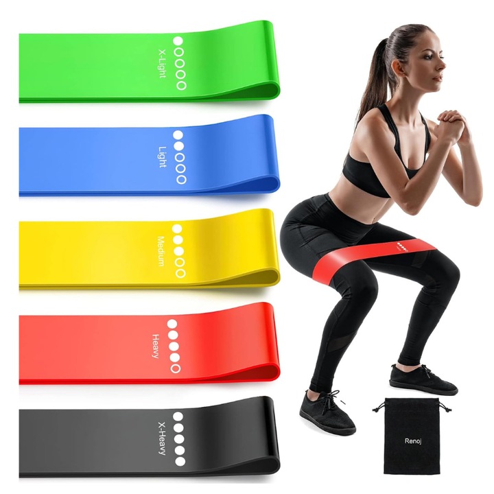5 db-os fitness gumiszalag szett, különböző ellenállások, természetes latex, beltéri és kültéri fitnesz, láberő edzés, jóga, hordozható