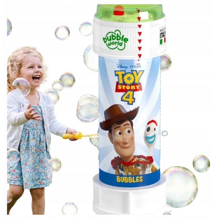 Buborékfújó Bubble World Toy Story 4, szappanbuborékok, 2 az 1-ben labirintus kupakkal, tartós buborék formula, többszínű, 60 ml, 1 db