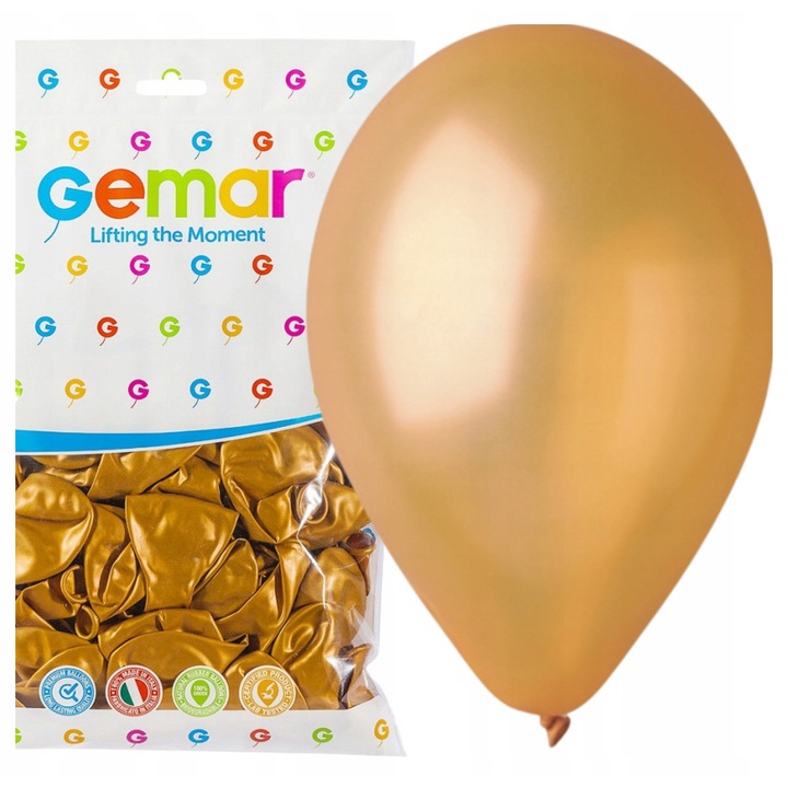 Латексови балони Gemar '10' (26 см), метализирани, еластични, златист металик, 100 бр.
