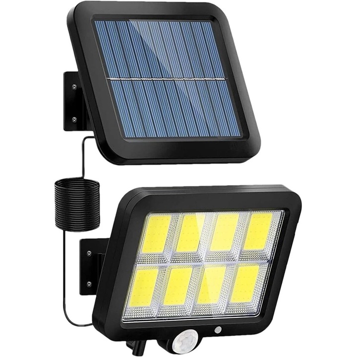 Proiector solar de perete QRYX® cu 160 LED COB, panou solar separat cu cablu, telecomanda, senzor de miscare si lumina, 3 moduri de functionare, 1800 lm, pentru interior si exterior, negru