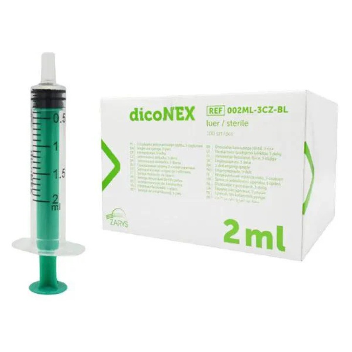 Set 100 bucati Seringi 2 ml Luer Slip dicoNEX, Zarys, cu piston verde si ac albastru 23G (0.6 mm X 30 mm)