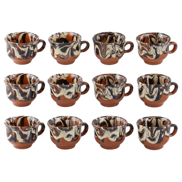 Set 12 cesti traditionale pentru tuica, din ceramica de Corund, volum 12 x 30 ml, Artizane, maro