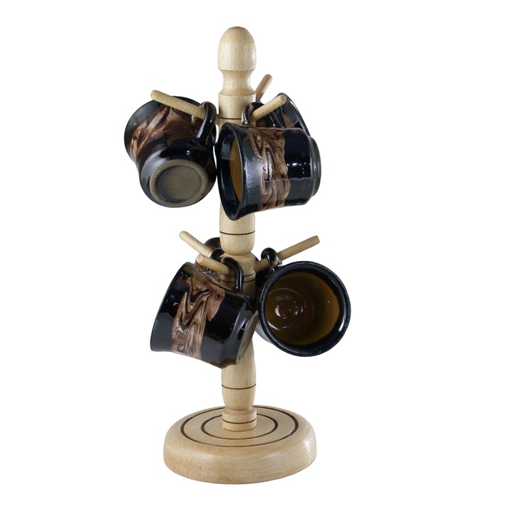Set 6 cesti traditionale pentru cafea, din ceramica de Corund, cu suport suspendat din lemn, lungime 35 cm, volum 6 x 100 ml, Artizane, negru