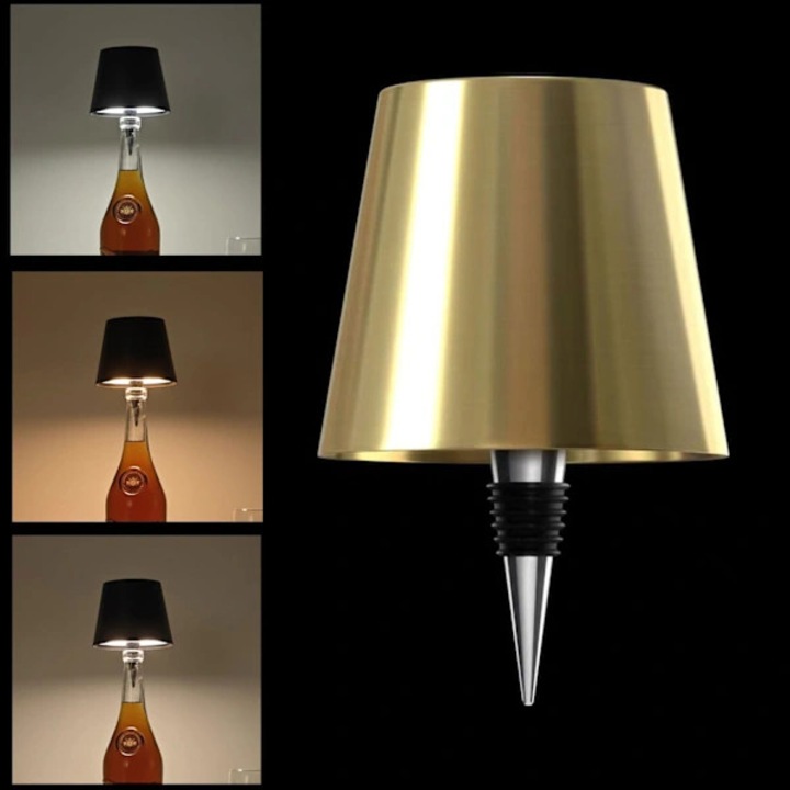 Lampa led pentru sticla de vin, lumina decorativa fara fir reincarcabila, cu abajur metalic si dop pentru sticla, Auriu, 1 buc