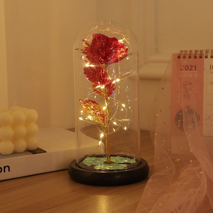 Trandafir decorativ, floare artificiala cu LED, sub cupola din sticla borosilicata, 20 LED-uri multicolore, alimentare 3 x AAA baterii neincluse, rosu/auriu, 1 buc, 22 cm