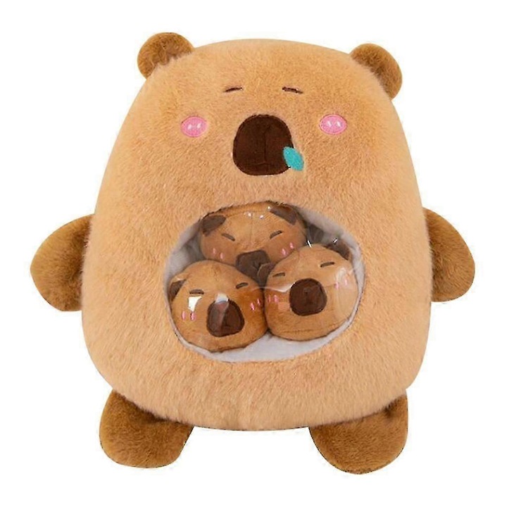 Jucarie de plus Capybara, plus moale cu umplutura PP, cu papusi mici detasabile si fereastra transparenta, buzunar multifunctional, maro, 30 cm, 1 buc