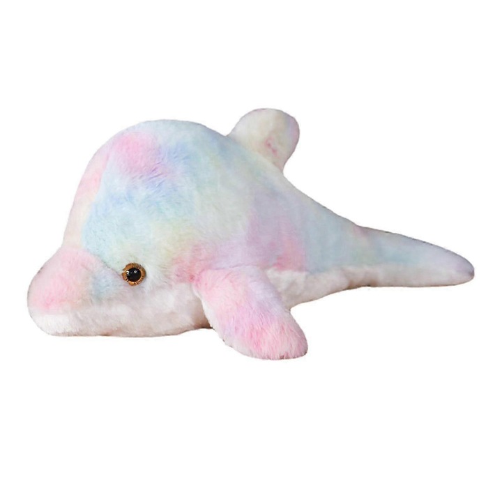 Jucarie de plus (perna) delfin iluminat cu led, moale, cu baterii 2 x AAA (neincluse), 30 cm, multicolor, 1 buc