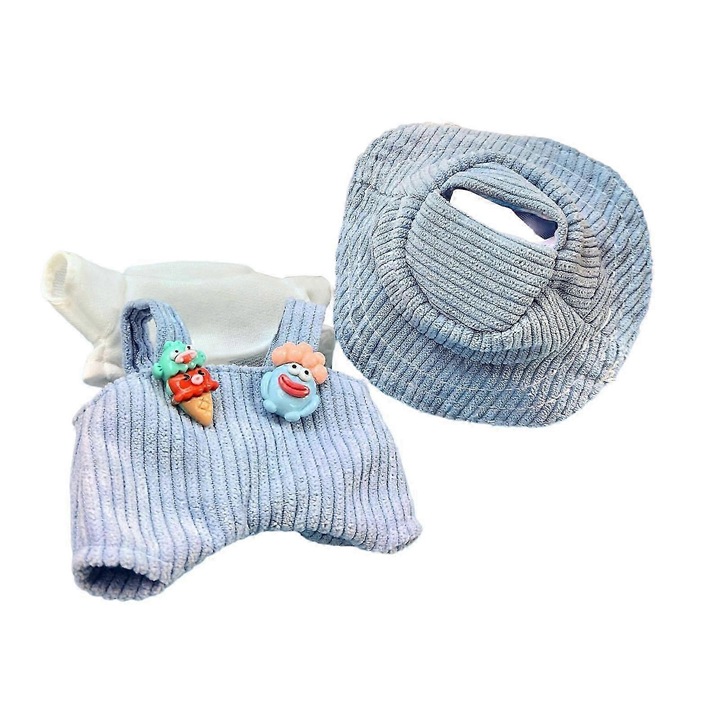Babaruha szett, puha textil, póló és kantáros nadrág, kalap, 3 darabos, kék, 15 cm