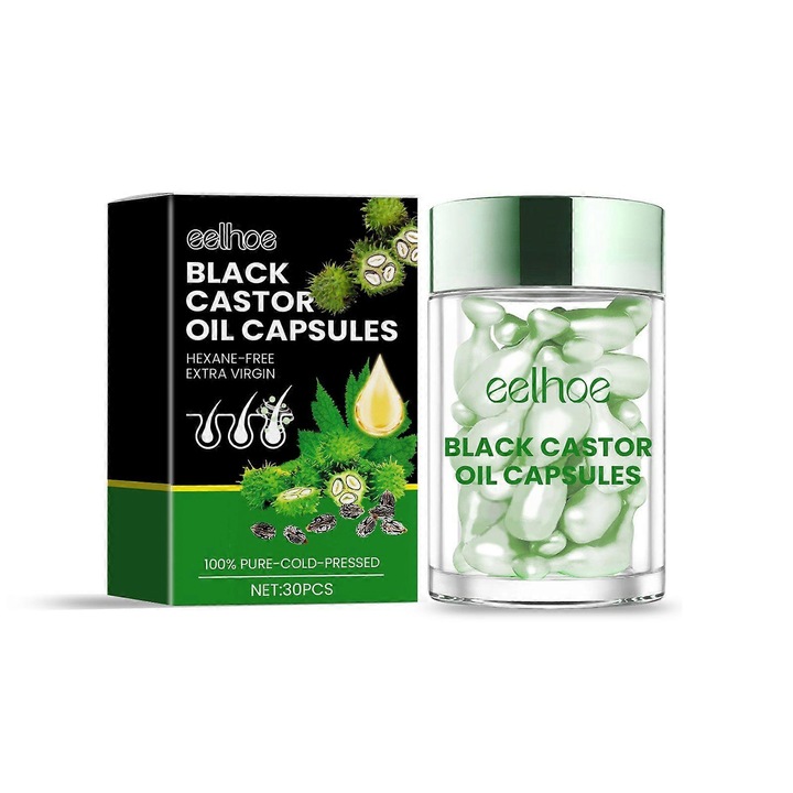 Capsule cu ulei de ricin EELHOE Black Castor, presate la rece, fara hexan, reparatoare si hidratante, verde, 30 capsule