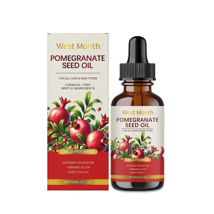 Ulei esential din seminte de rodie West Month, presat la rece, hidratant si hranitor, cu vitamina E, Auriu, 60ml