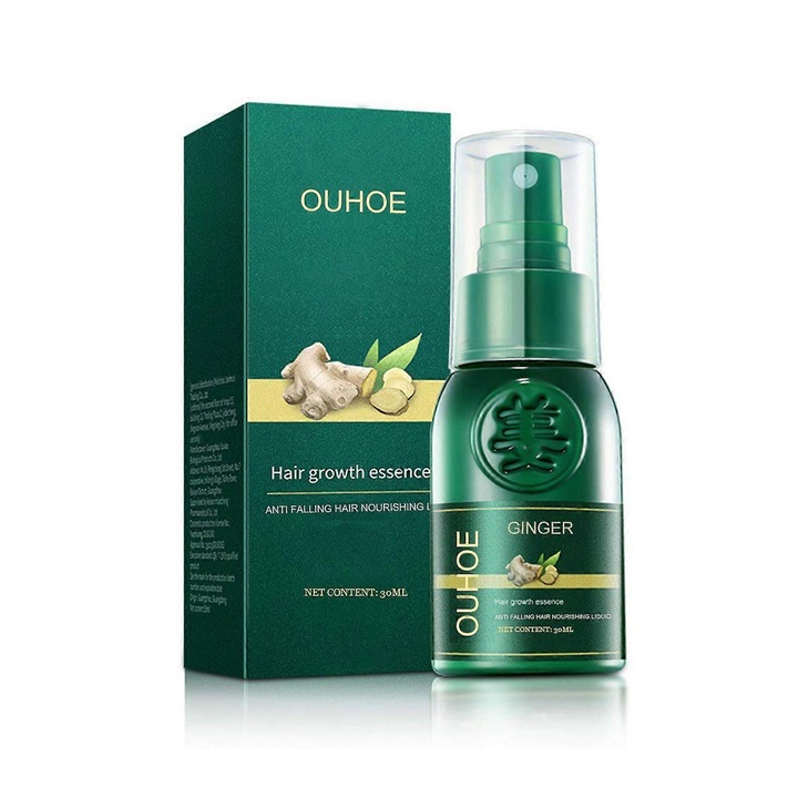 Set 2 bucati, esenta pentru cresterea parului OUHOE Ginger, cu extract de ghimbir, hidratanta si anti-cadere, verde, 2 x 30ml