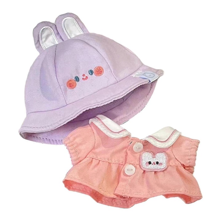 Set rochita (rochie) si palarie pentru papusi, material textil moale, cu urechi tip iepure, potrivit pentru papusi 17 cm, Violet, 1 set
