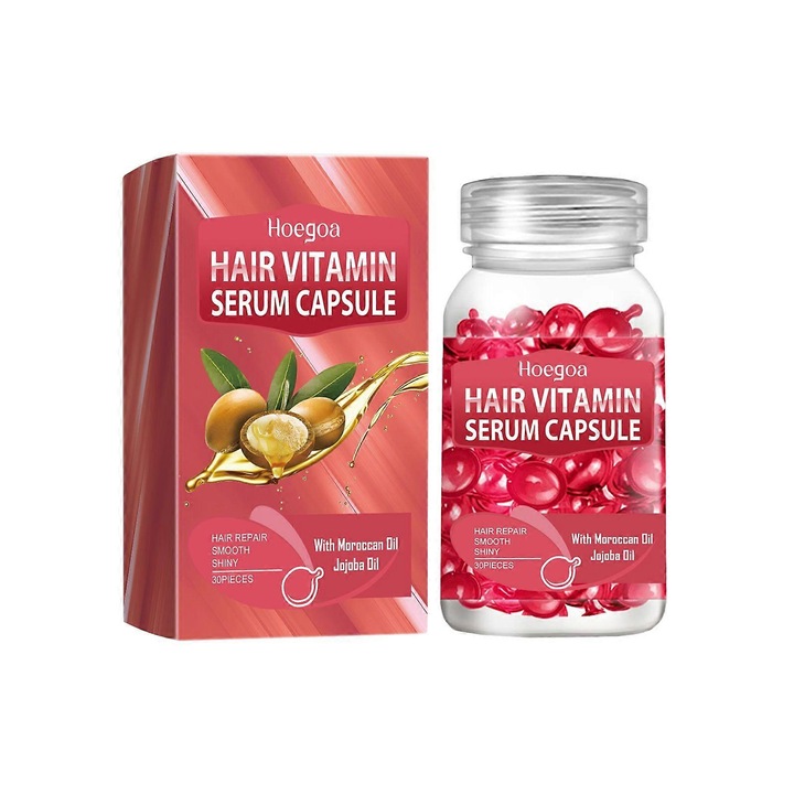 Capsule ser tratament pentru par Hoegoa Hair Vitamin Serum, cu ulei de jojoba si macadamia, hidrateaza si repara, Roz, 3 buc