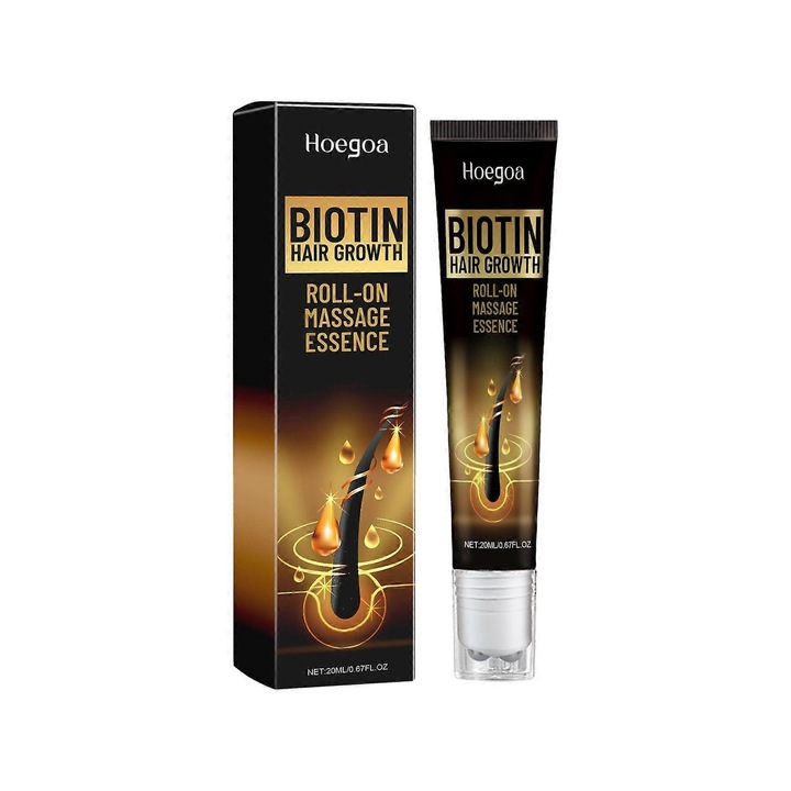 Esenta roll-on pentru cresterea parului (ser) Hoegoa Biotin Hair Growth, cu biotina, cu extract de ginseng si ghimbir, aplicator pentru masaj, negru, 20ml