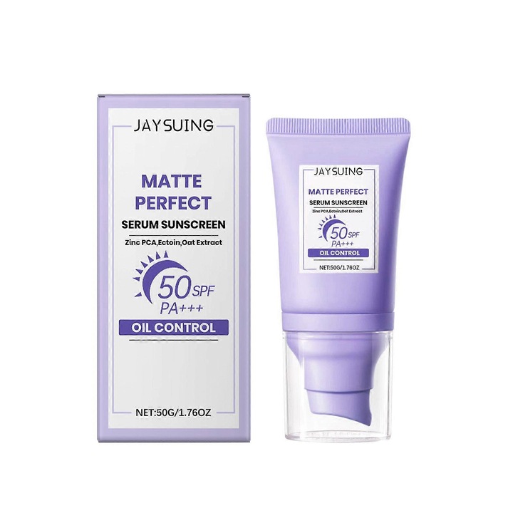 Set 2 bucati, Crema solara hidratanta Jaysuing Matte Perfect, SPF50 PA+++, control sebum, non-grasa, pentru fata si corp, Violet, 2 x 50g