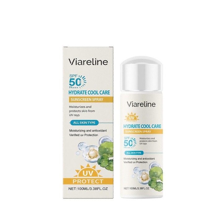 Set 2 bucati, Spray protectie solara Viareline Hydrate Cool Care, SPF 50+ PA+++, cu acid hialuronic si vitamina C, non-gras, se absoarbe rapid, alb, 2 x 100ml
