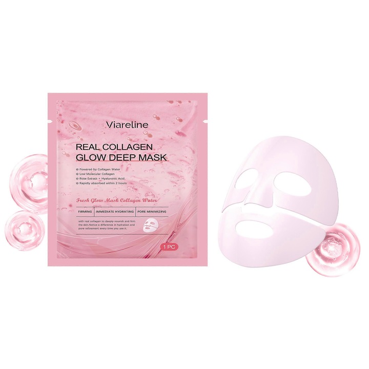 Masca faciala Viareline Collagen, masca hidratanta cu colagen, efect lifting si hranire, roz, 1 buc