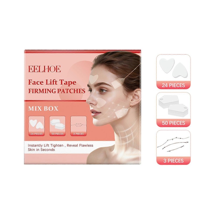 Set 77 bucati, plasturi lifting facial EELHOE Mix Box, invizibile, cu glicerina si rezistente la apa, transparent, 24 x plasturi inima, 50 x plasturi dreptunghi, 3 x corzi de ridicare