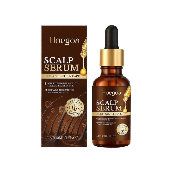 Ser pentru scalp Hoegoa Scalp Serum, esenta pentru par cu ulei de rozmarin si ulei de ricin, stimuleaza cresterea parului si reduce caderea, hidrateaza si intareste, Maro, 30ml