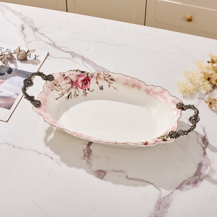 Bol servire oval portelan model floral vintage, manere metalice bronz, 44.5 cm