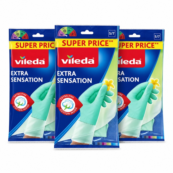 Set 3 x Vileda Extra Sensation Super Price, manusi menaj extra fine, marimea S/7, interior cu bumbac, total 3 perechi